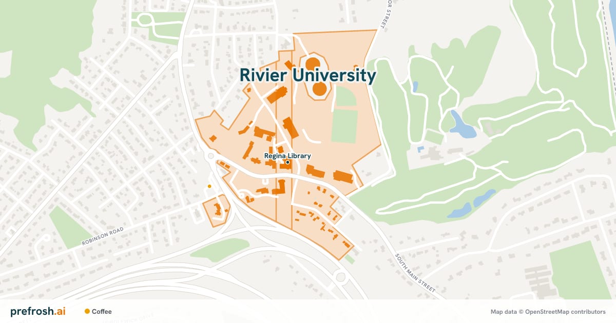 Campus map of Rivier University in Nashua, NH, showing Regina Library, with nearby restaurants, coffee and shops
