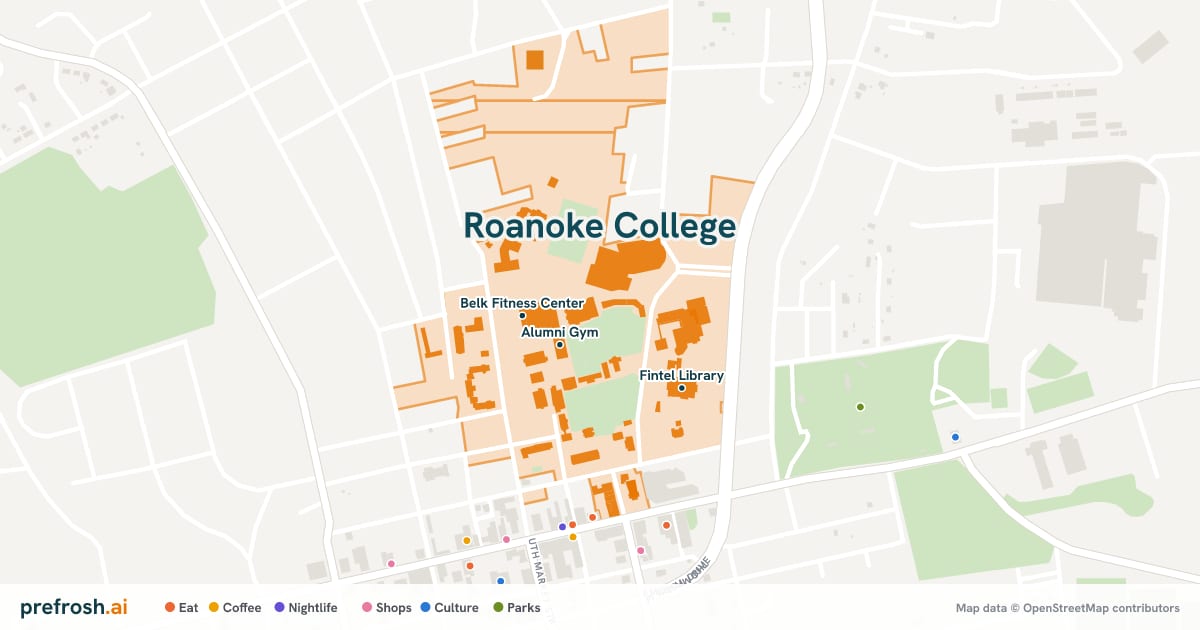 Campus map of Roanoke College in Salem, VA, showing Alumni Gym, Roanoke College - Elizabeth Campus and Creggar Center, with nearby restaurants, coffee and shops