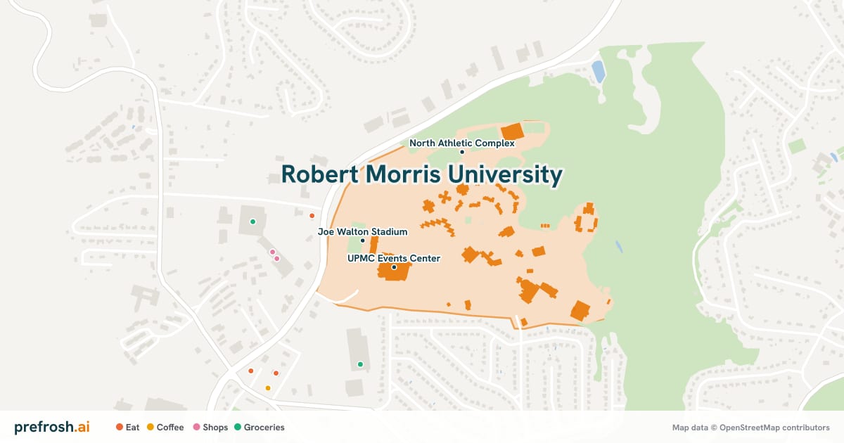 Campus map of Robert Morris University in Moon Township, PA, showing UPMC Events Center, Joe Walton Stadium and North Athletic Complex, with nearby restaurants, coffee and shops