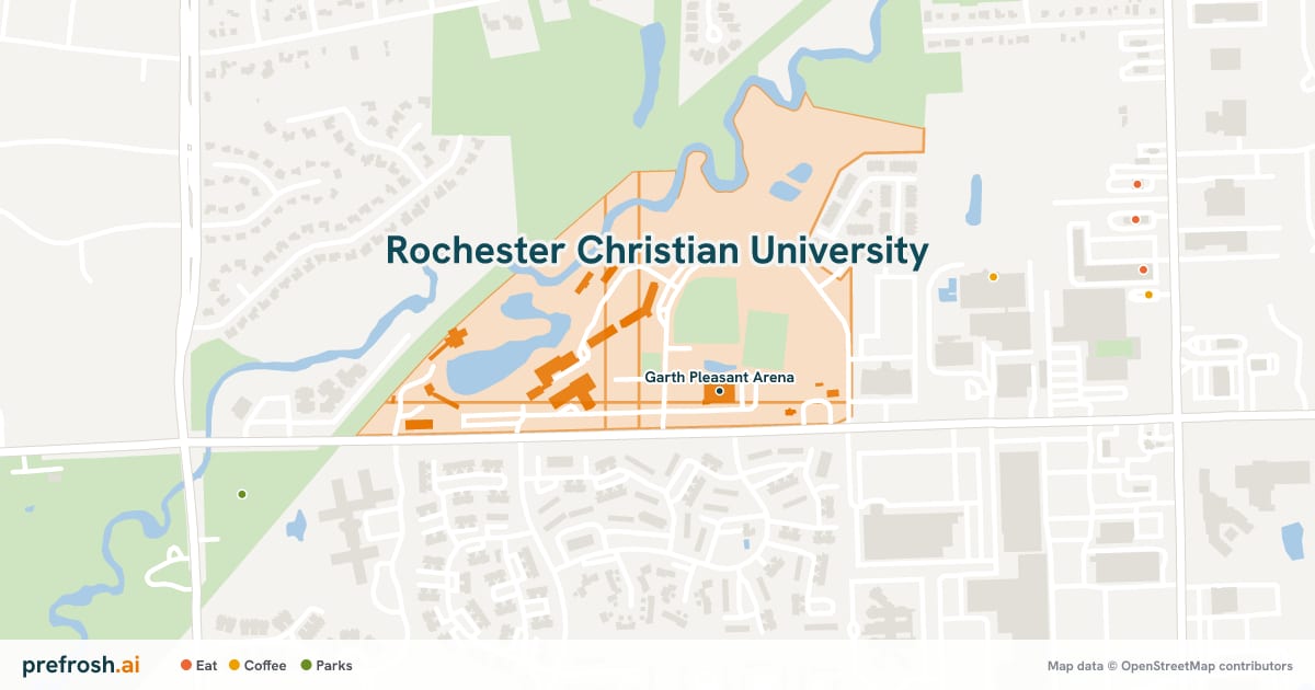 Campus map of Rochester Christian University in Rochester Hills, MI, showing Garth Pleasant Arena, with nearby restaurants, coffee and shops