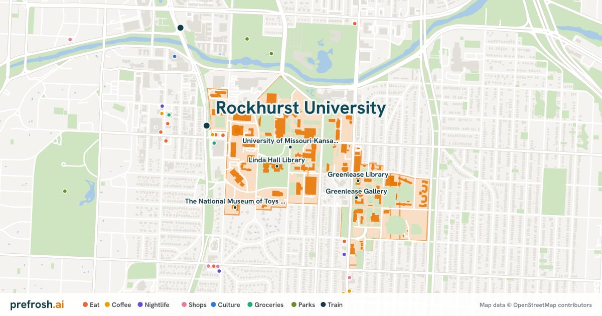Campus map of Rockhurst University in Kansas City, MO, showing University of Missouri-Kansas City, Miller Nichols Library, Linda Hall Library and Durwood Soccer Stadium, with nearby restaurants, coffee and shops