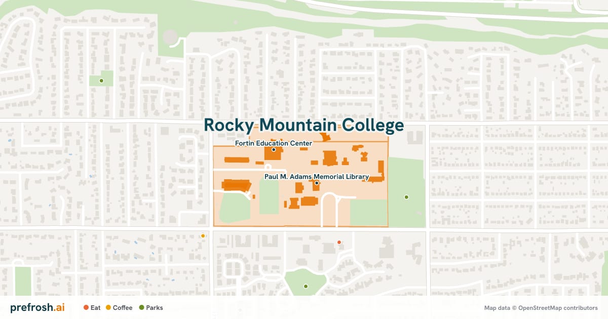 Campus map of Rocky Mountain College in Billings, MT, showing Paul M. Adams Memorial Library and Billings Studio Theater, with nearby restaurants, coffee and shops