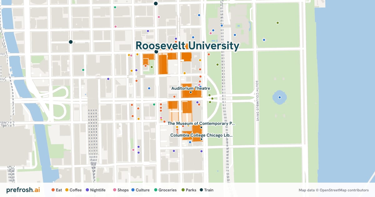 Campus map of Roosevelt University in Chicago, IL, showing Auditorium Theatre, The Museum of Contemporary Photography and Columbia College Chicago, with nearby restaurants, coffee and shops
