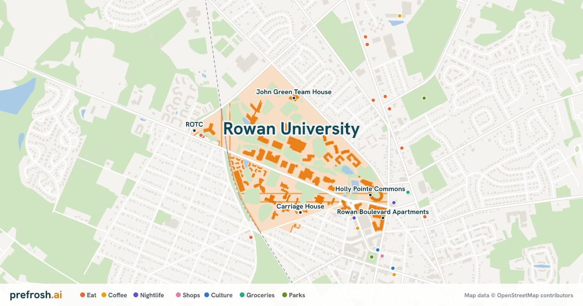 Campus map of Rowan University in Glassboro, NJ, showing James Hall, Edgewood Park Apartments, Rowan Hall and John Green Team House, with nearby restaurants, coffee and shops