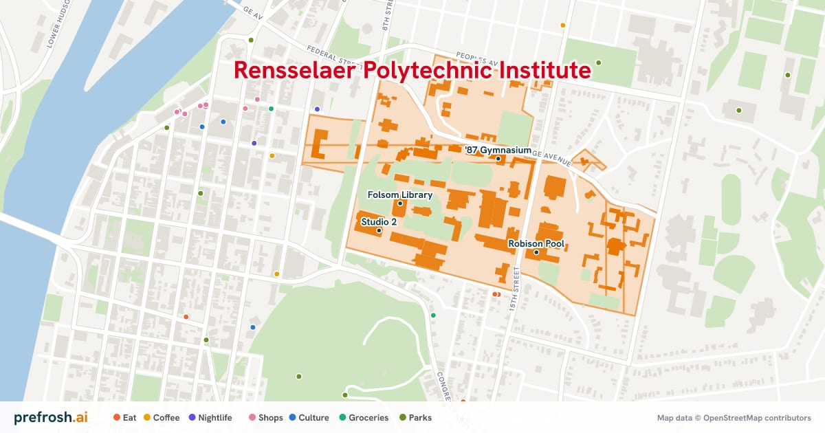 Campus map of Rensselaer Polytechnic Institute in Troy, NY, showing Folsom Library, Studio 2, Studio Beta and Studio 1 Goodman, with nearby restaurants, coffee and shops