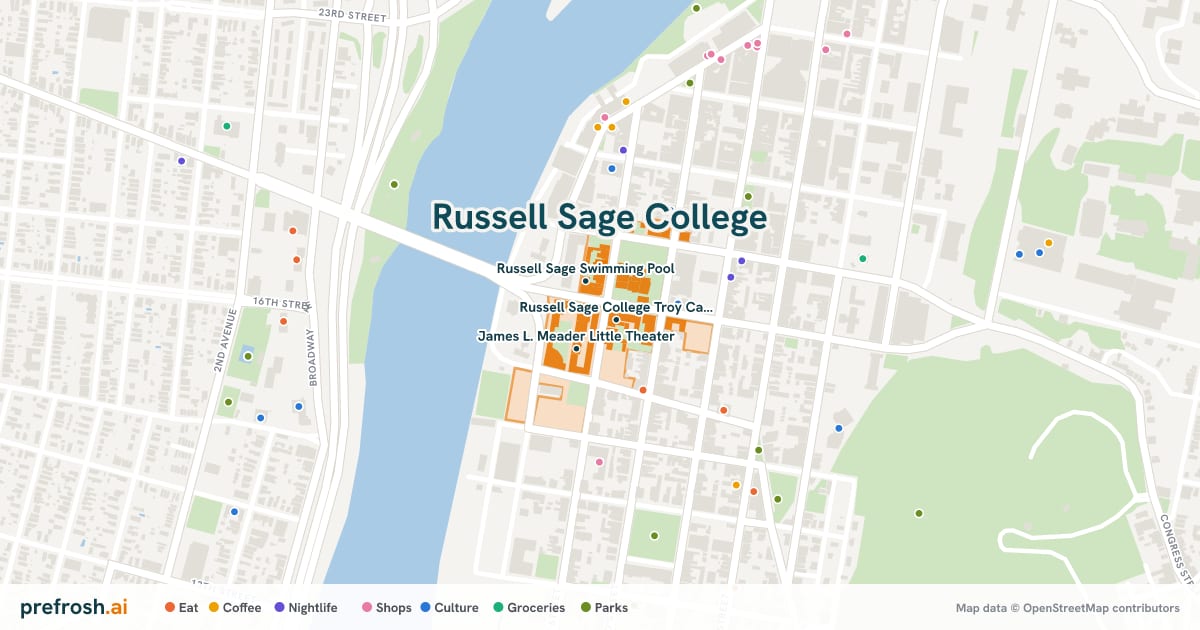 Campus map of Russell Sage College in Troy, NY, showing Russell Sage College Troy Campus, Robison Athletic & Recreation Center and Russell Sage Swimming Pool, with nearby restaurants, coffee and shops