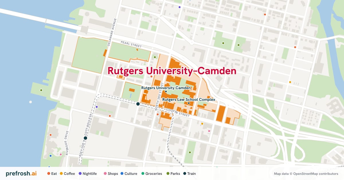Campus map of Rutgers University–Camden in Camden, NJ, showing Rutgers University Camden and Stedman Gallery, with nearby restaurants, coffee and shops