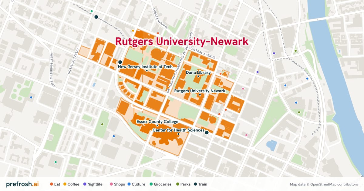 Campus map of Rutgers University–Newark in Newark, NJ, showing Rutgers University Newark, Dana Library, Center for Health Sciences and Essex County College, with nearby restaurants, coffee and shops