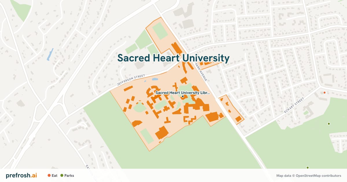 Campus map of Sacred Heart University in Fairfield, CT, showing Sacred Heart University Library, with nearby restaurants, coffee and shops