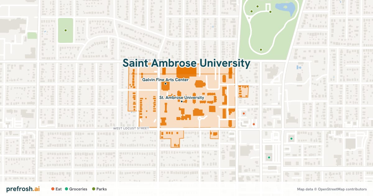 Campus map of Saint Ambrose University in Davenport, IA, showing St. Ambrose University and Galvin Fine Arts Center, with nearby restaurants, coffee and shops