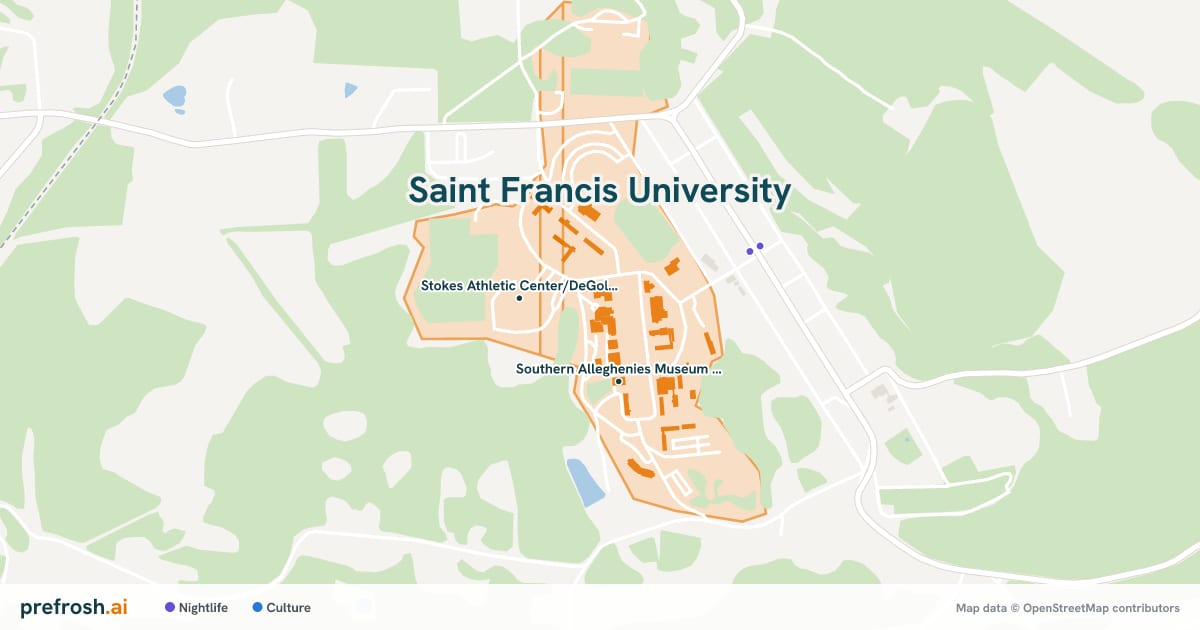 Campus map of Saint Francis University in Loretto, PA, showing Southern Alleghenies Museum of Art and Stokes Athletic Center/DeGol Arena, with nearby restaurants, coffee and shops