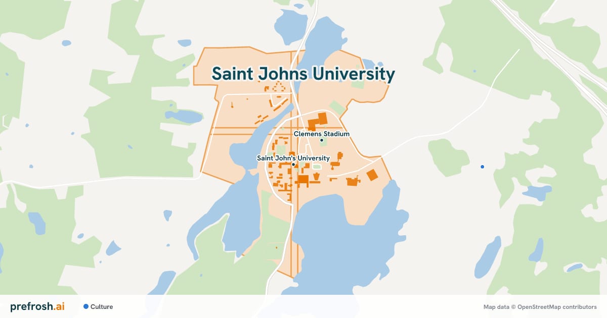Campus map of Saint Johns University in Collegeville, MN, showing Saint John's University and Hill Museum & Manuscript Library, with nearby restaurants, coffee and shops