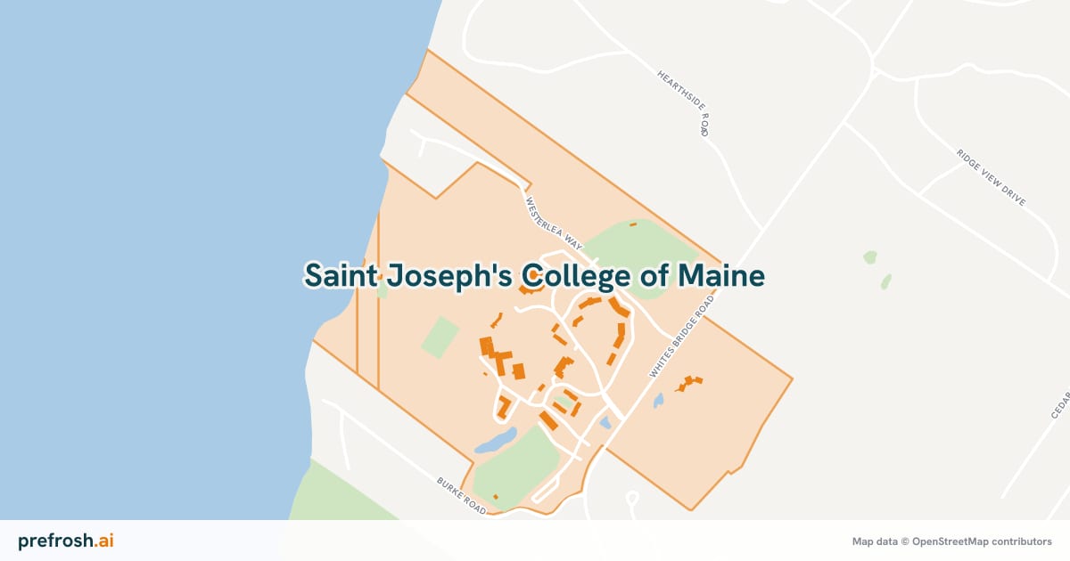 Campus map of Saint Joseph's College of Maine in Standish, ME, showing Harold Alfond Recreation Center, with nearby restaurants, coffee and shops