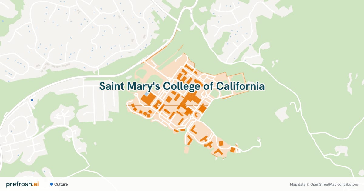 Campus map of Saint Mary's College of California in Moraga, CA, showing St. Mary's College of California, with nearby restaurants, coffee and shops