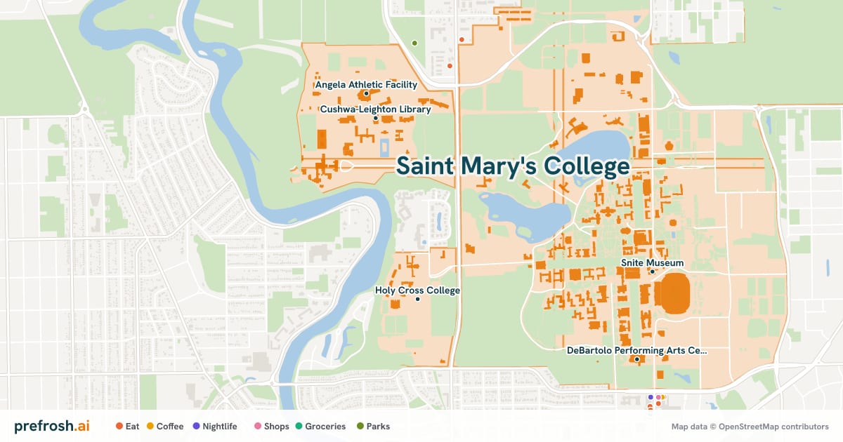 Campus map of Saint Mary's College in Notre Dame, IN, showing University of Notre Dame du Lac, Holy Cross College, Snite Museum and Cushwa-Leighton Library, with nearby restaurants, coffee and shops