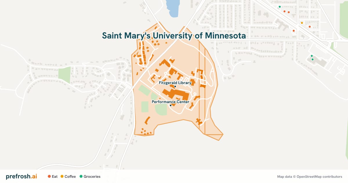 Campus map of Saint Mary's University of Minnesota in Winona, MN, showing Fitzgerald Library and Ice Arena, with nearby restaurants, coffee and shops