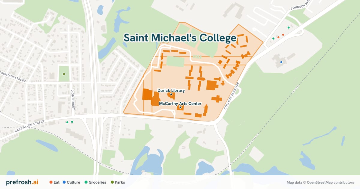 Campus map of Saint Michael's College in Colchester, VT, showing Durick Library and McCarthy Arts Center, with nearby restaurants, coffee and shops
