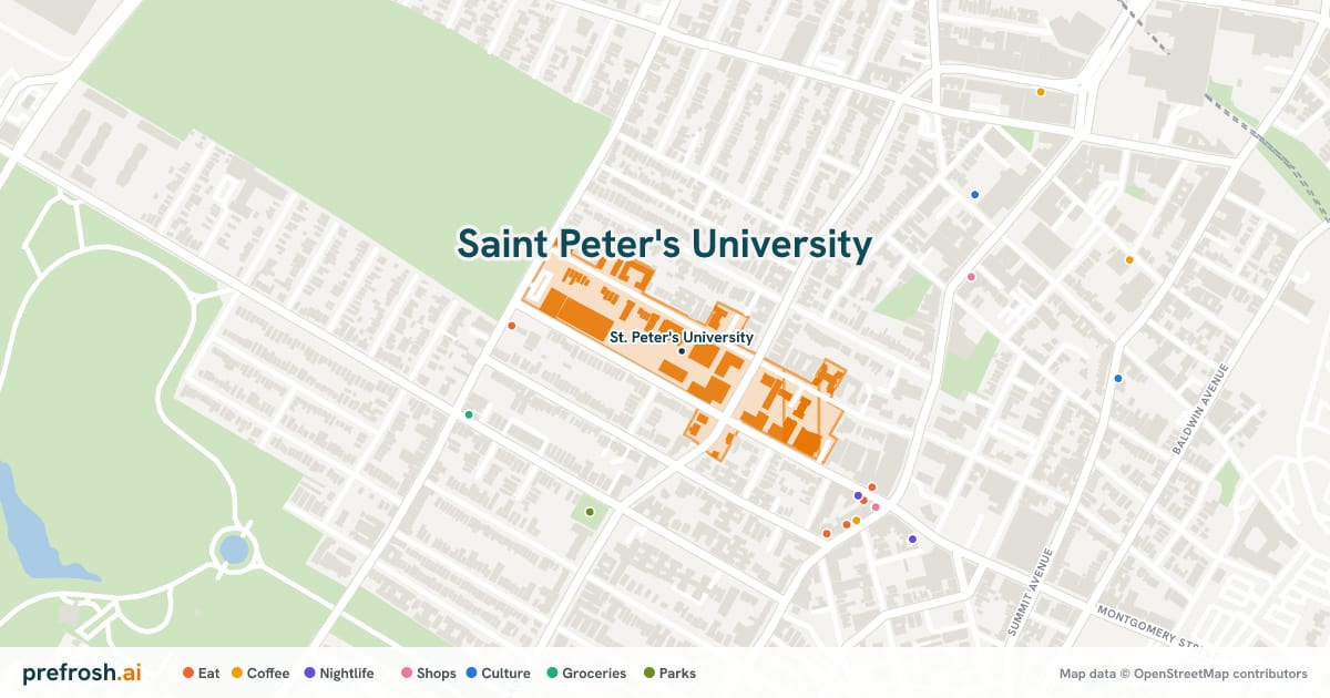 Campus map of Saint Peter's University in Jersey City, NJ, showing St. Peter's University, with nearby restaurants, coffee and shops
