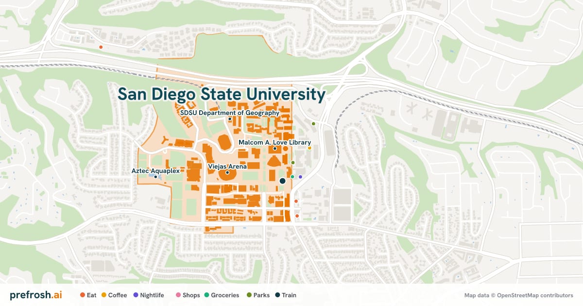 Campus map of San Diego State University in San Diego, CA, showing Viejas Arena, Rec Sports, SDSU Department of Geography and Fowler Athletics Center, with nearby restaurants, coffee and shops