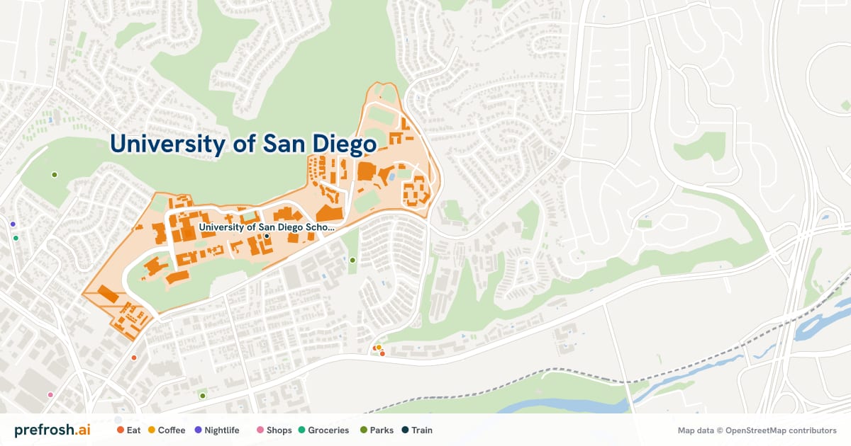 Campus map of University of San Diego in San Diego, CA, showing University of San Diego School of Law, with nearby restaurants, coffee and shops