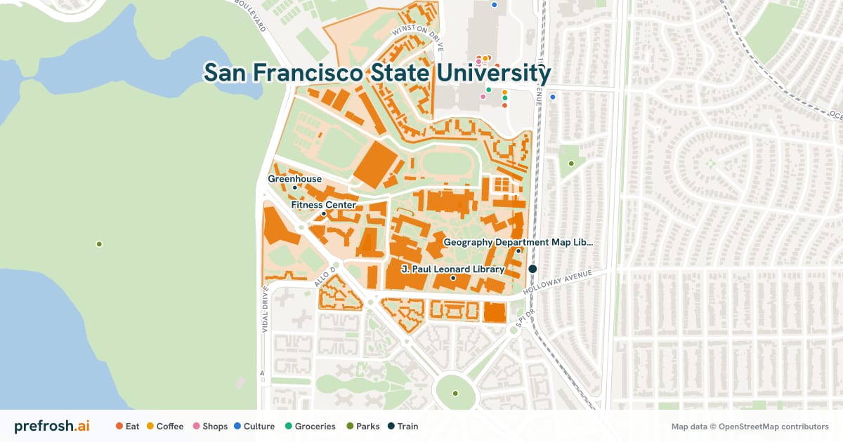 Campus map of San Francisco State University in San Francisco, CA, showing Fitness Center, Greenhouse, J. Paul Leonard Library and Mashouf Wellness Center, with nearby restaurants, coffee and shops