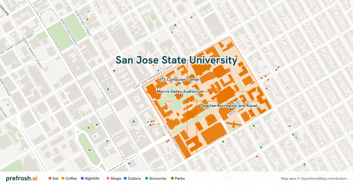 Campus map of San Jose State University in San Jose, CA, showing Morris Dailey Auditorium, ITS Computer Center and Doctor Martin Luther King Junior Library, with nearby restaurants, coffee and shops