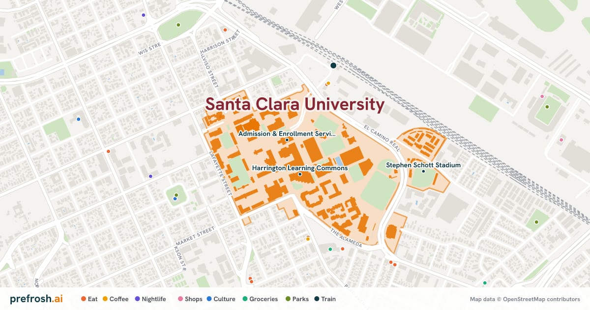 Campus map of Santa Clara University in Santa Clara, CA, showing Admission & Enrollment Services Building, Harrington Learning Commons and Santa Clara University Library, with nearby restaurants, coffee and shops