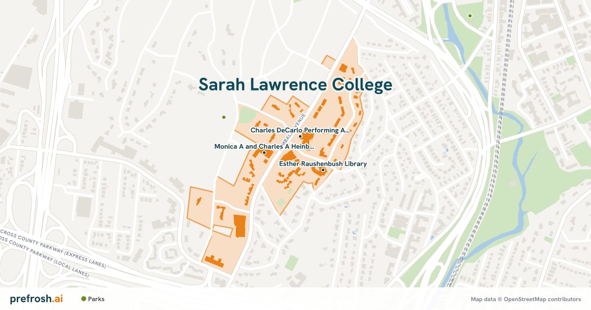 Campus map of Sarah Lawrence College in Bronxville, NY, showing Charles DeCarlo Performing Arts Center, Monica A and Charles A Heinbold, Junior Visual Arts Center and Esther Raushenbush Library, with nearby restaurants, coffee and shops