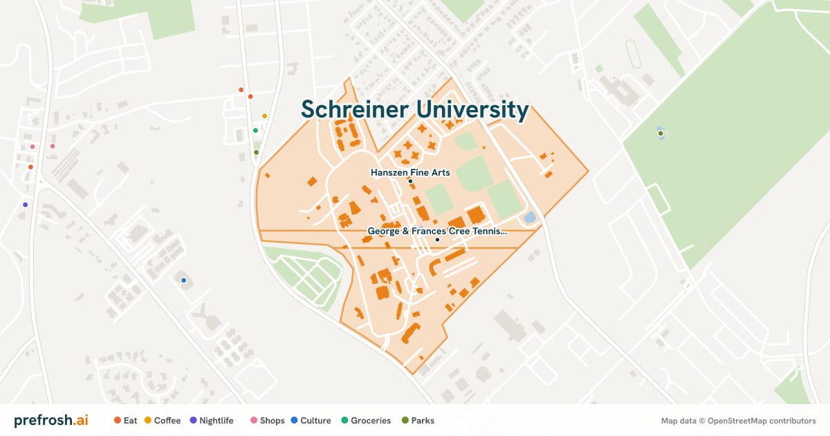 Campus map of Schreiner University in Kerrville, TX, showing George & Frances Cree Tennis Center and Hanszen Fine Arts, with nearby restaurants, coffee and shops