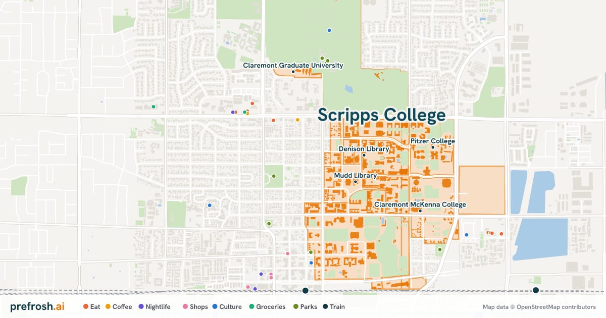 Campus map of Scripps College in Claremont, CA, showing Denison Library, The Claremont Colleges, Harvey Mudd College and Mudd Library, with nearby restaurants, coffee and shops