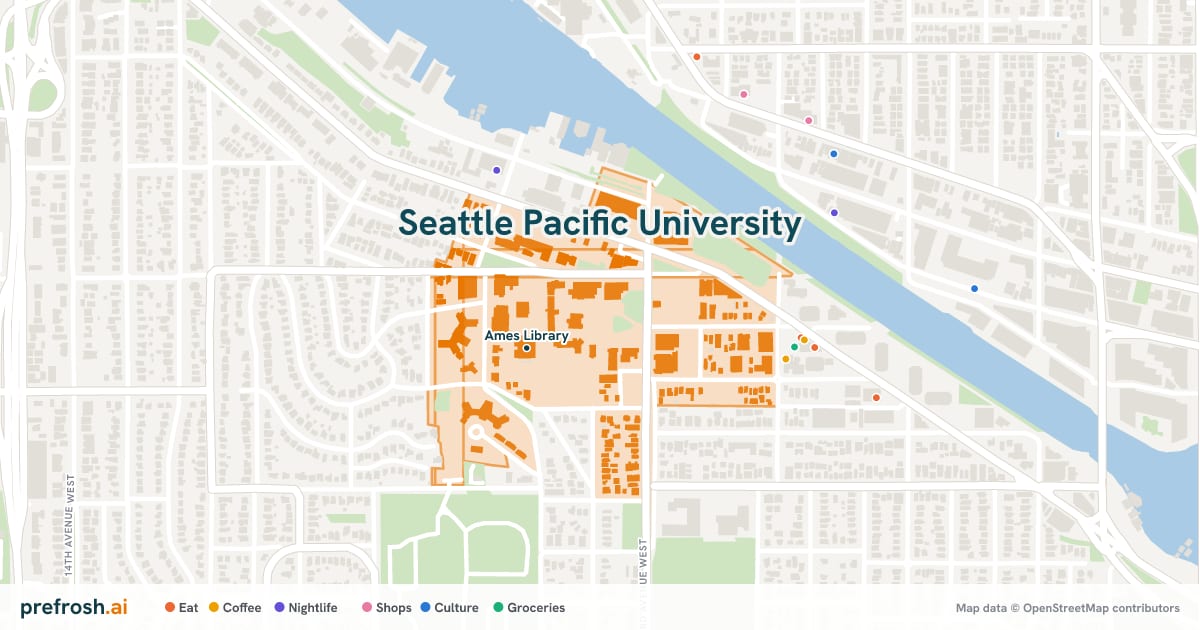 Campus map of Seattle Pacific University in Seattle, WA, showing Ames Library, with nearby restaurants, coffee and shops