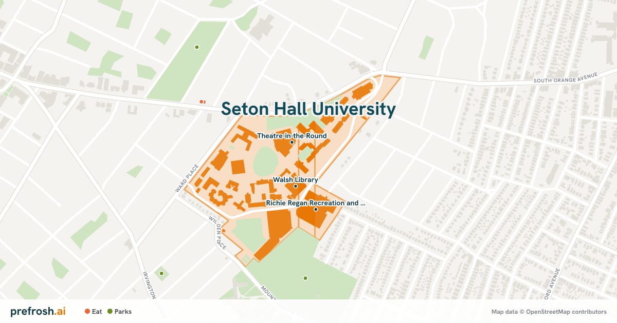 Campus map of Seton Hall University in South Orange, NJ, showing Theatre-in-the-Round, Walsh Library and Richie Regan Recreation and Athletic Center, with nearby restaurants, coffee and shops