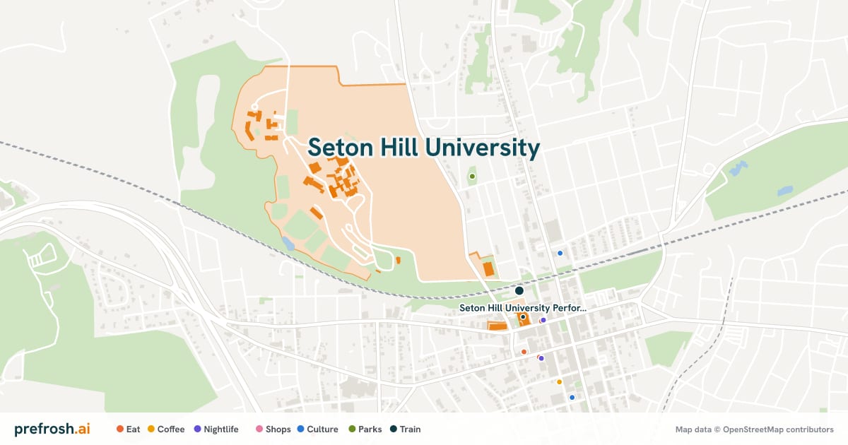 Campus map of Seton Hill University in Greensburg, PA, showing Seton Hill University Performing Arts Center, with nearby restaurants, coffee and shops