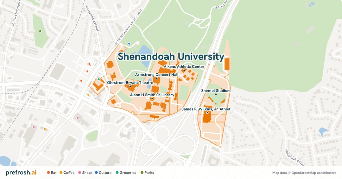 Campus map of Shenandoah University in Winchester, VA, showing Armstrong Concert Hall, Alson H Smith Jr Library, Aikens Athletic Center and Ohrstrom-Bryant Theatre, with nearby restaurants, coffee and shops