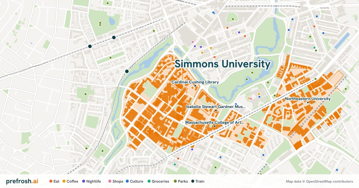 Campus map of Simmons University in Boston, MA, showing Isabella Stewart Gardner Museum, Cardinal Cushing Library, Massachusetts College of Art and Design and Emmanuel College, with nearby restaurants, coffee and shops
