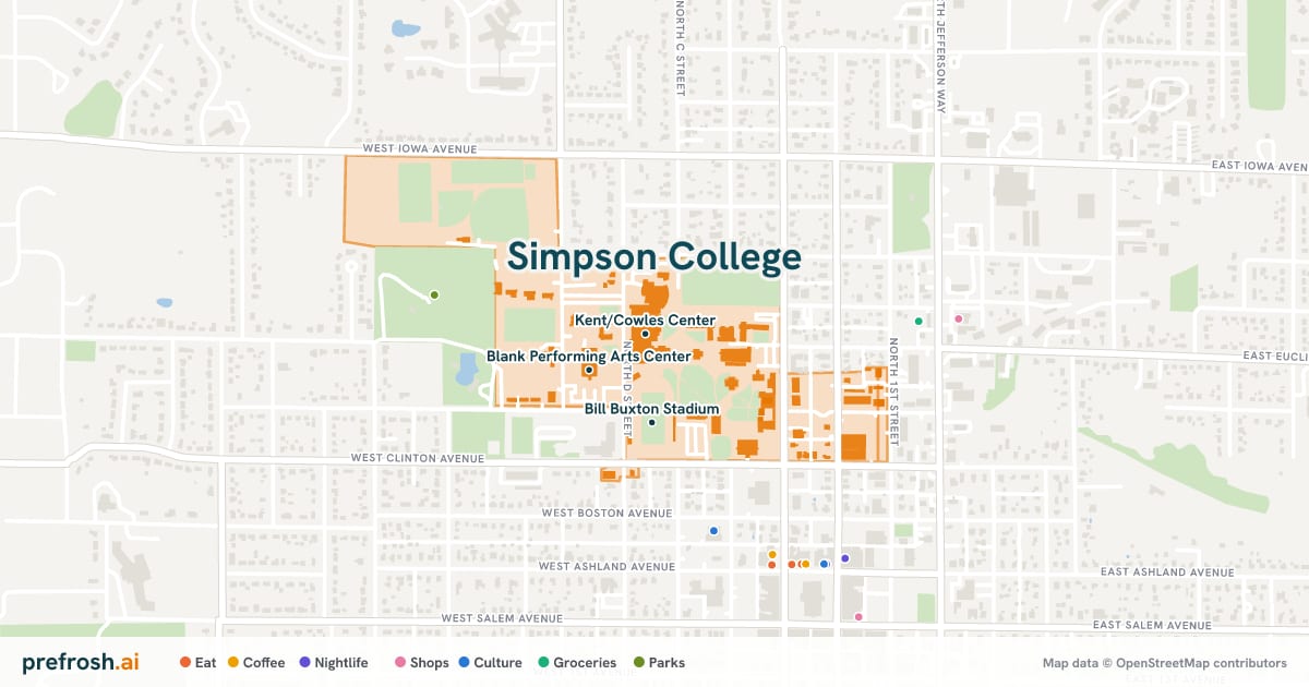 Campus map of Simpson College in Indianola, IA, showing Kent/Cowles Center, Black Box Theatre and Blank Performing Arts Center, with nearby restaurants, coffee and shops