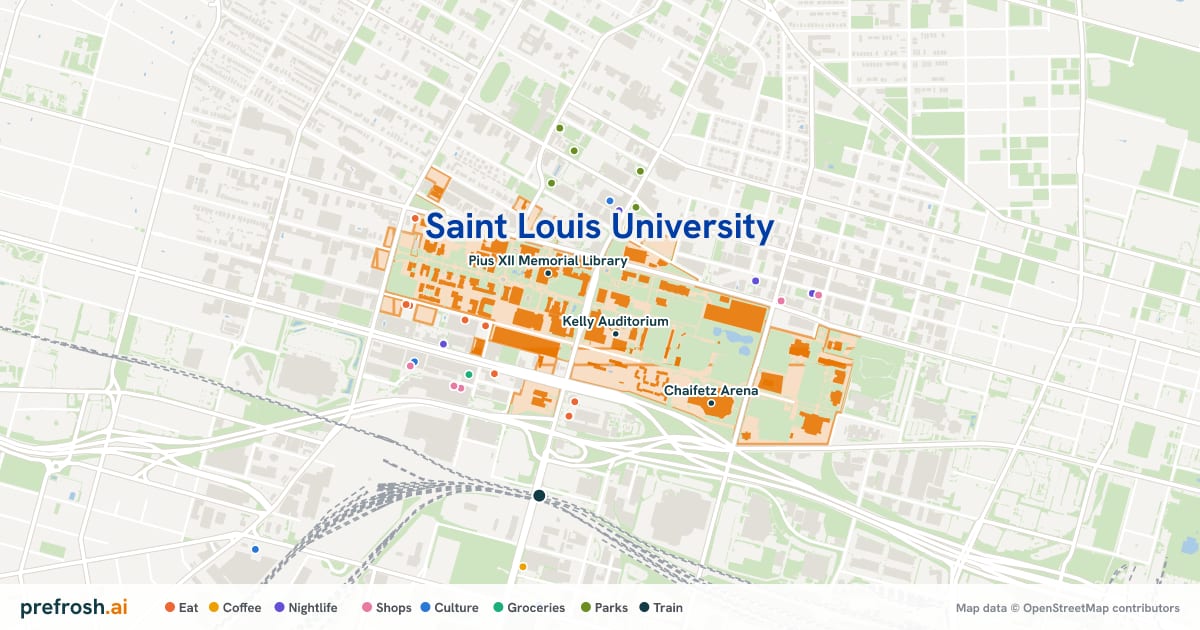 Campus map of Saint Louis University in St. Louis, MO, showing Kelly Auditorium, Pius XII Memorial Library and Simon Recreation Center, with nearby restaurants, coffee and shops