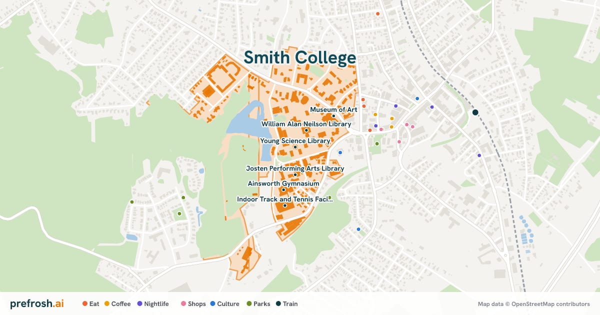 Campus map of Smith College in Northampton, MA, showing Young Science Library, Alumnae Gymnasium, Josten Performing Arts Library and William Alan Neilson Library, with nearby restaurants, coffee and shops