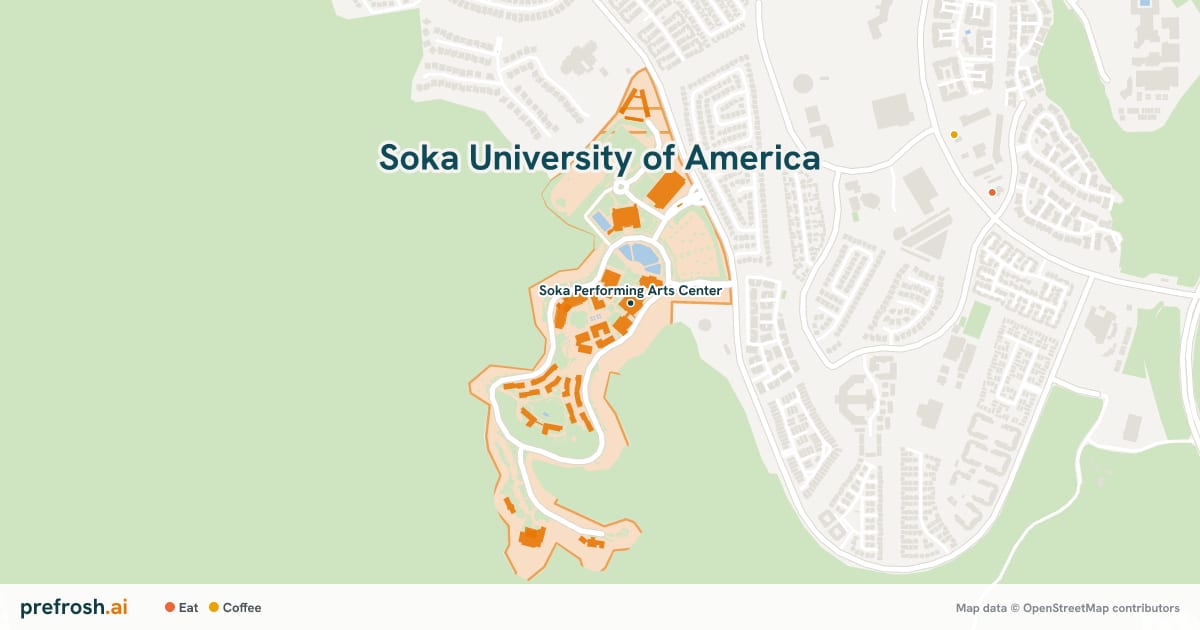 Campus map of Soka University of America in Aliso Viejo, CA, showing Soka Performing Arts Center, with nearby restaurants, coffee and shops