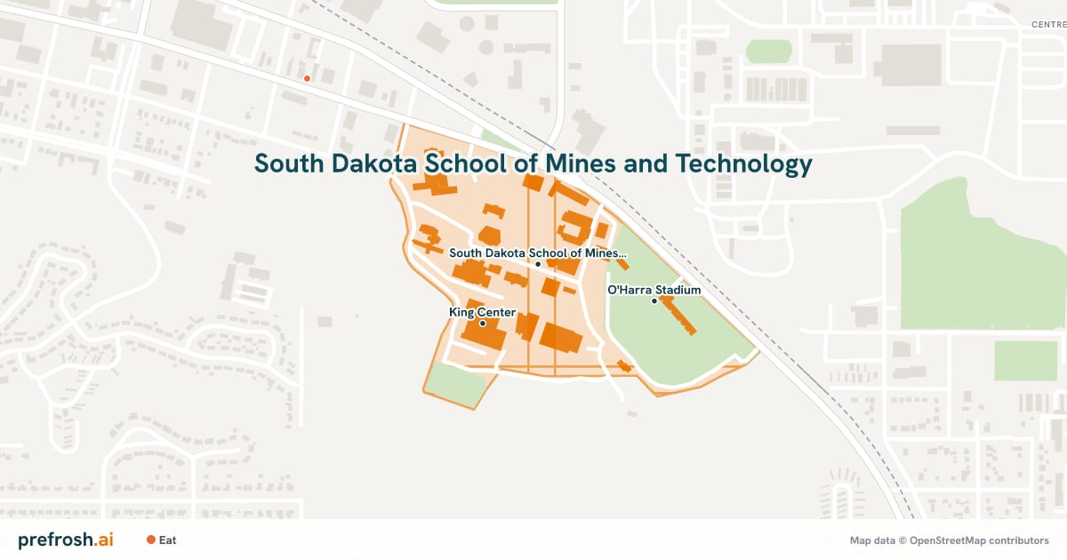Campus map of South Dakota School of Mines and Technology in Rapid City, SD, showing South Dakota School of Mines & Technology, Museum of Geology and King Center, with nearby restaurants, coffee and shops