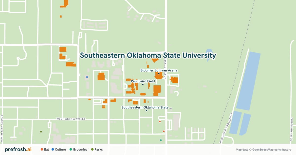 Campus map of Southeastern Oklahoma State University in Durant, OK, showing Paul Laird Field, Bloomer Sullivan Arena and The Ballpark in Durant, with nearby restaurants, coffee and shops