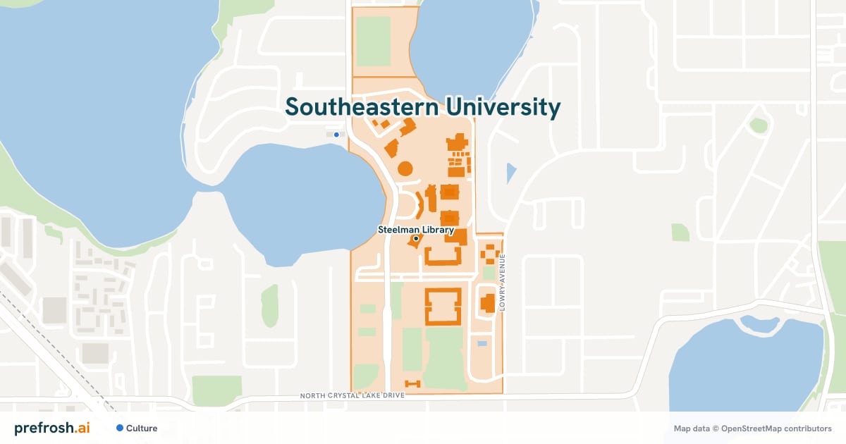 Campus map of Southeastern University in Lakeland, FL, showing Steelman Library, with nearby restaurants, coffee and shops