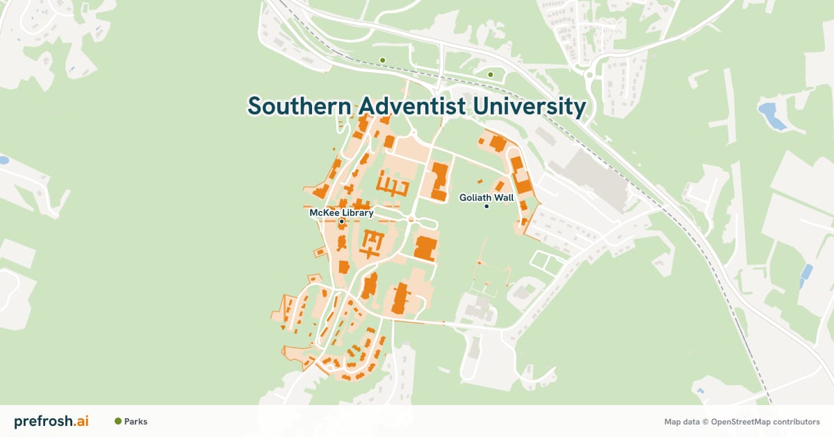 Campus map of Southern Adventist University in Collegedale, TN, showing Goliath Wall and McKee Library, with nearby restaurants, coffee and shops