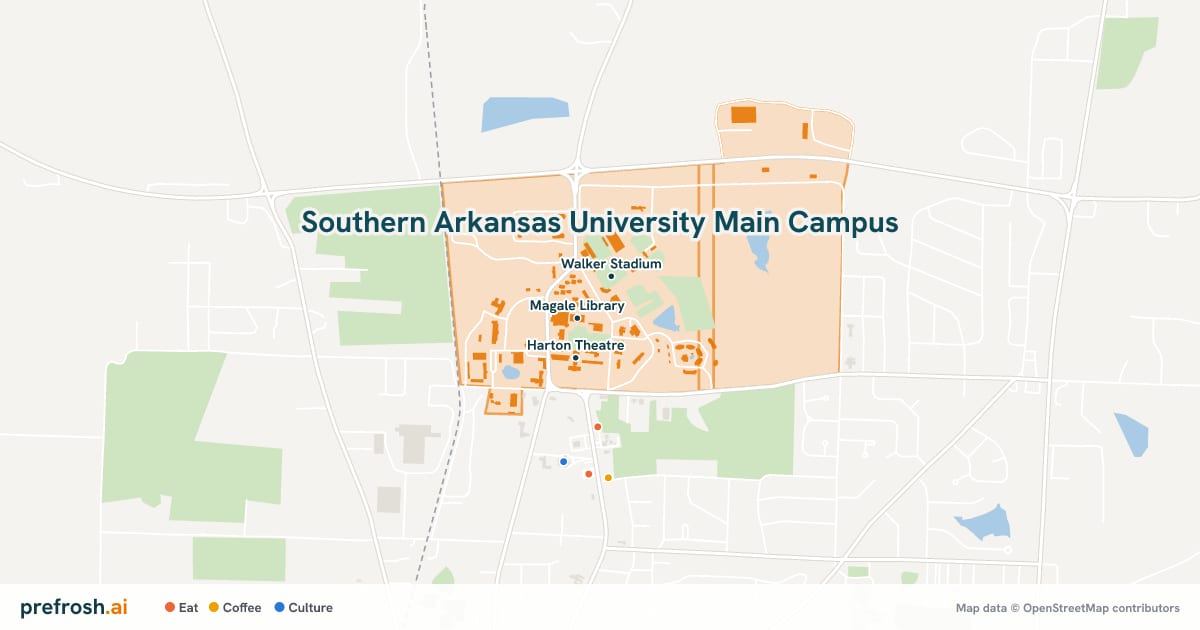 Campus map of Southern Arkansas University Main Campus in Magnolia, AR, showing Magale Library, Walker Stadium and Harton Theatre, with nearby restaurants, coffee and shops