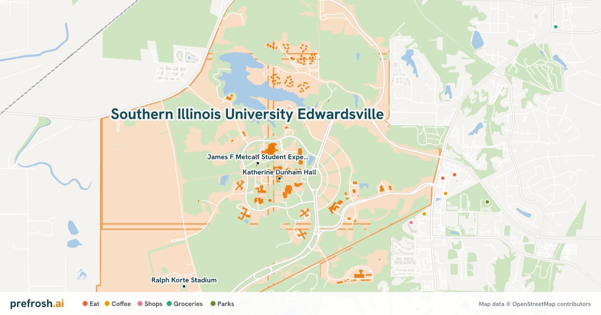 Campus map of Southern Illinois University Edwardsville in Edwardsville, IL, showing James F Metcalf Student Experimental Theater, Katherine Dunham Hall and Elijah P Lovejoy Library, with nearby restaurants, coffee and shops