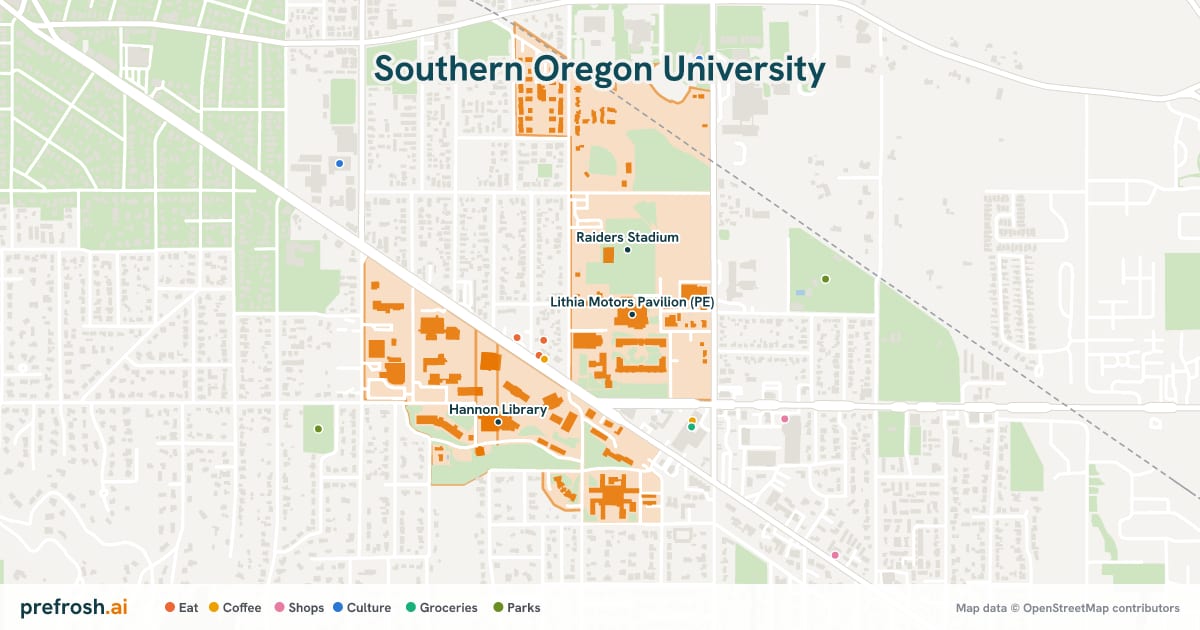 Campus map of Southern Oregon University in Ashland, OR, showing Lithia Motors Pavilion (PE), Raiders Stadium and Hannon Library, with nearby restaurants, coffee and shops