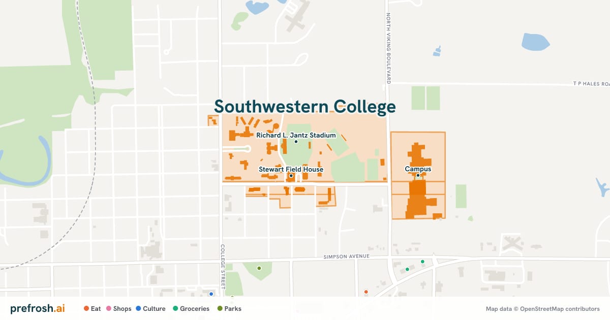 Campus map of Southwestern College in Winfield, KS, showing Richard L. Jantz Stadium, Stewart Field House and Richardson Performing Arts Center, with nearby restaurants, coffee and shops