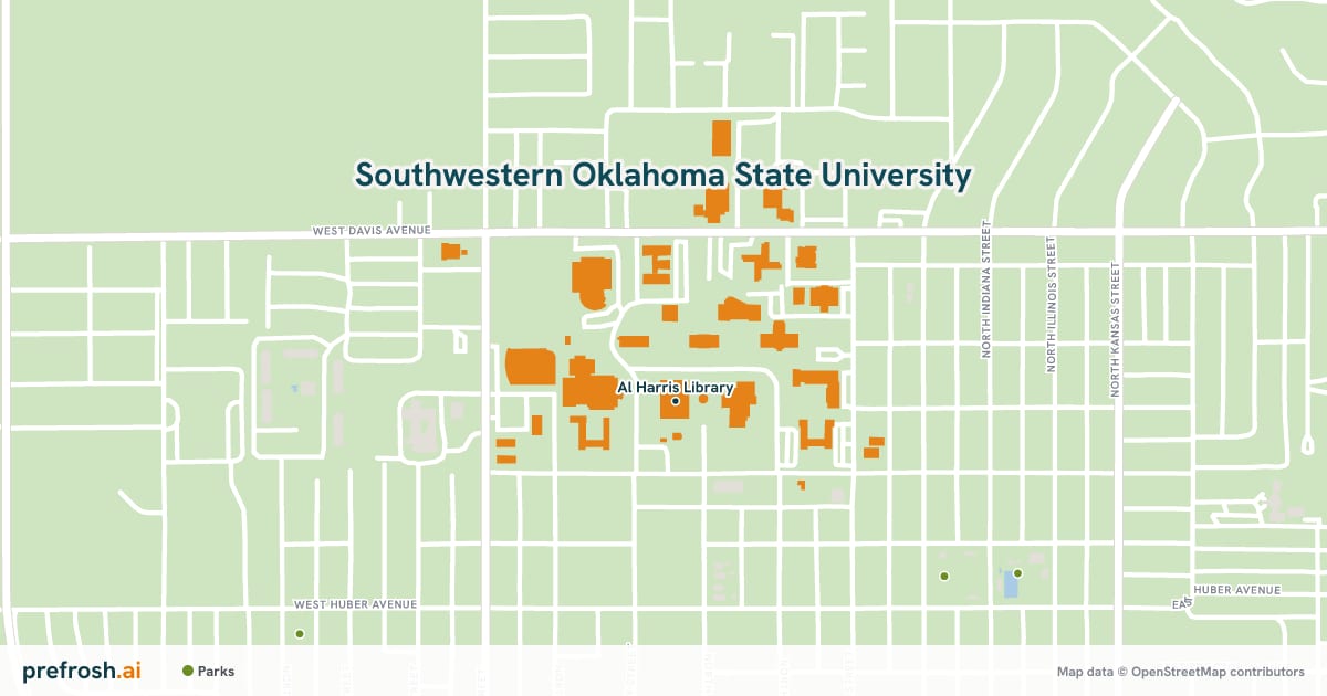 Campus map of Southwestern Oklahoma State University in Weatherford, OK, showing Al Harris Library, with nearby restaurants, coffee and shops