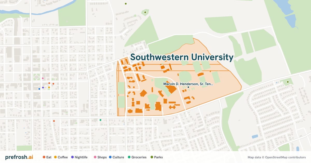 Campus map of Southwestern University in Georgetown, TX, showing Marvin D. Henderson, Sr. Tennis Courts, with nearby restaurants, coffee and shops