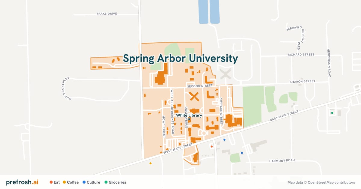 Campus map of Spring Arbor University in Spring Arbor, MI, showing White Library, with nearby restaurants, coffee and shops